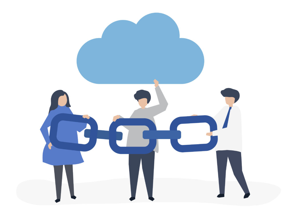 Cloud computing concept illustration of people holding a chain