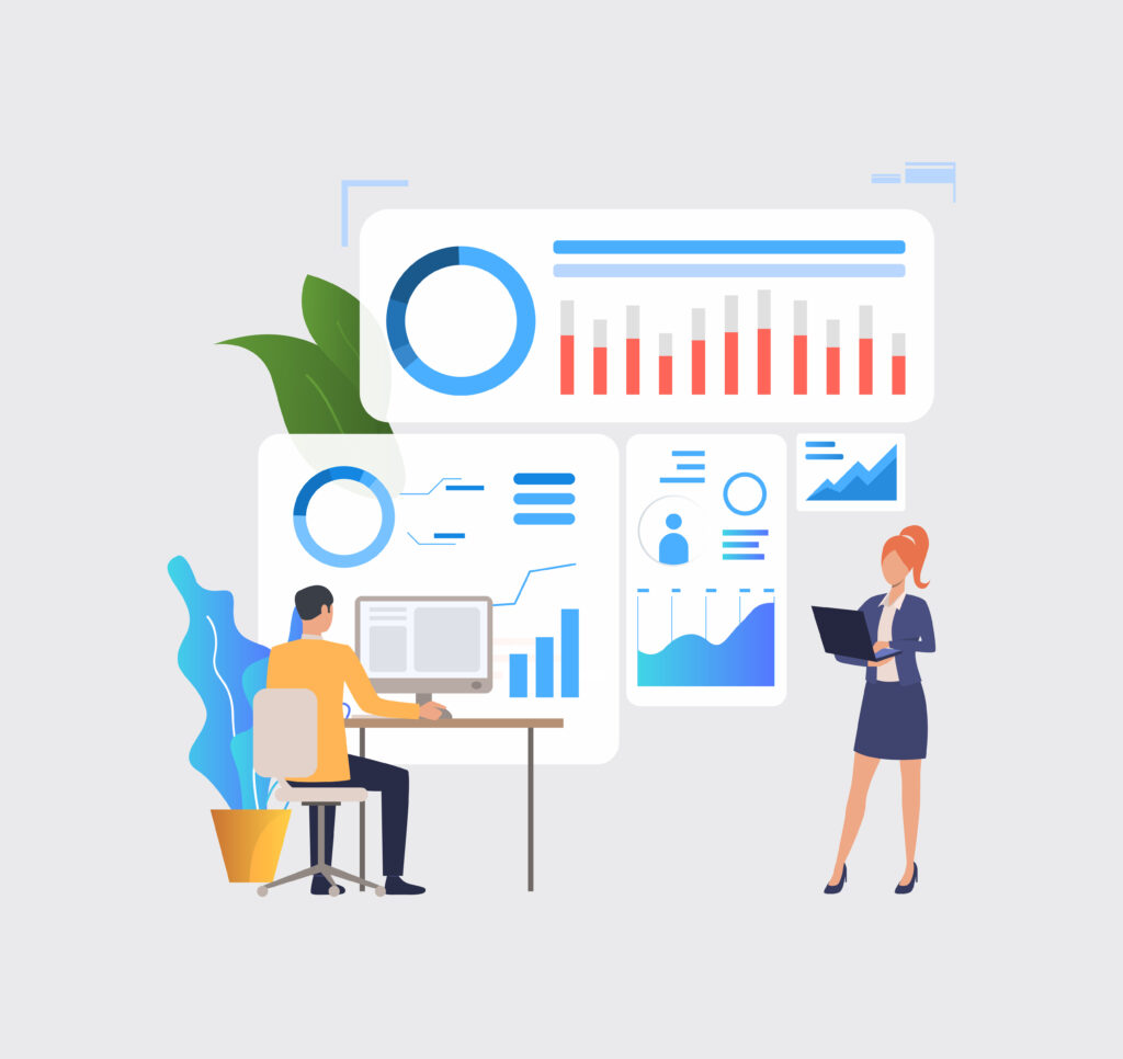 Business people analyzing financial charts on computers. Analysis, management, technology concept. Vector illustration can be used for topics like business, analytics, finance , Supermarket Inventory Management