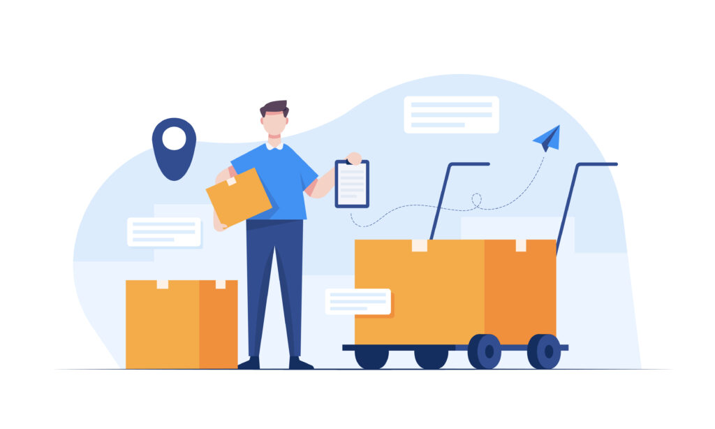 Warehouse staff wearing uniform Loading parcel box and checking product from warehouse. Delivery and logistic, storage and truck, transportation industry, delivery and logistic. Business delivery