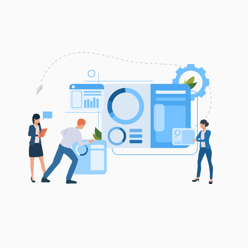 Business people working on a project flat icon. Employee, team members, managers. Teamwork concept. Can be used for topics like cooperation, collaboration, unity, Business people analyzing financial charts on computers. Analysis, management, technology concept. Vector illustration can be used for topics like business, analytics, finance Supermarket Inventory Management