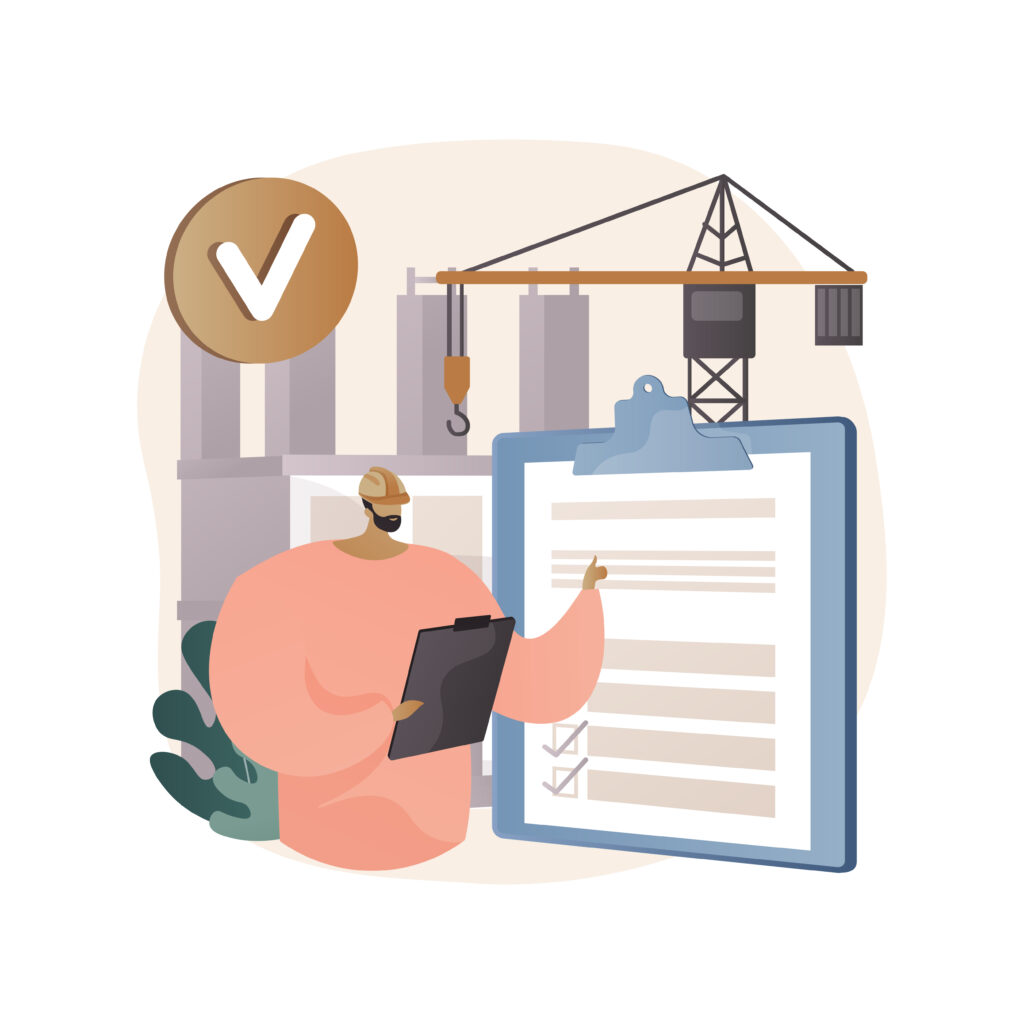 Construction quality control abstract concept vector illustration. Quality management, building progress, project requirements, materials specification, architecture blueprint abstract metaphor. SaaS platforms