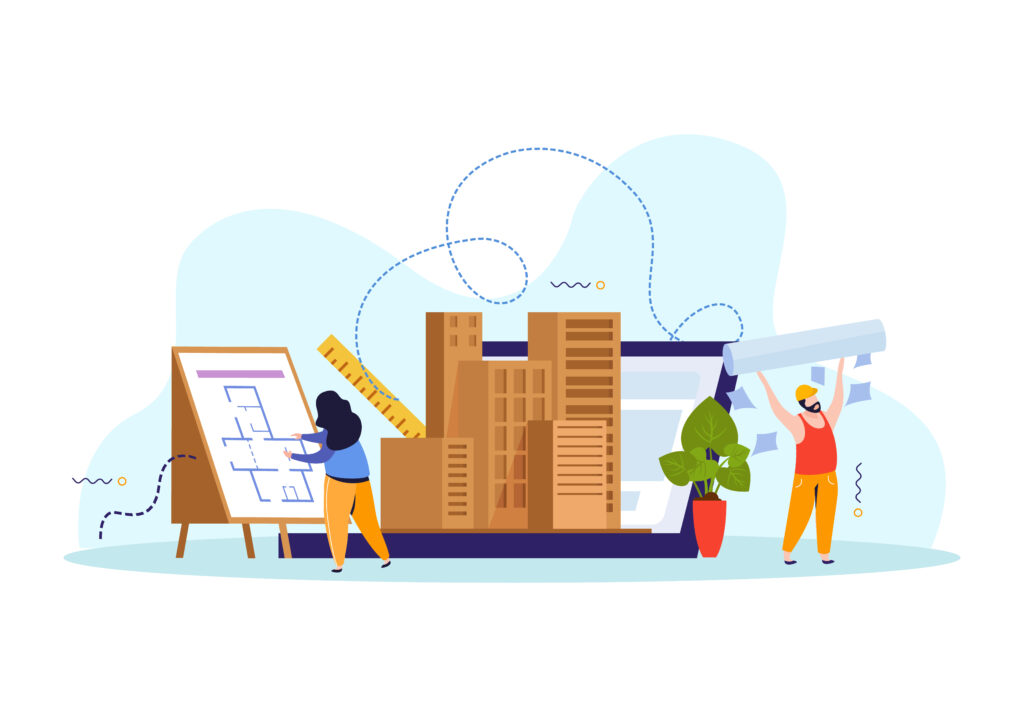Flat colored architect composition woman architect in front of her layout and next to her attributes to create the project and present it to the client vector illustrationSaaS platforms
