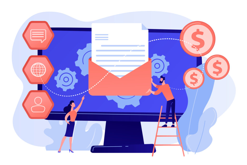 Cusromer receiving automated marketing message, tiny people. Marketing automation system, automated advertise message, marketing dashboard concept. Pink coral blue vector isolated illustration