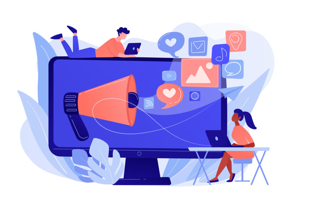 Marketing specialists and computer with megaphone and social media icons. Social media marketing, social networking, internet marketing concept. Pinkish coral bluevector isolated illustration