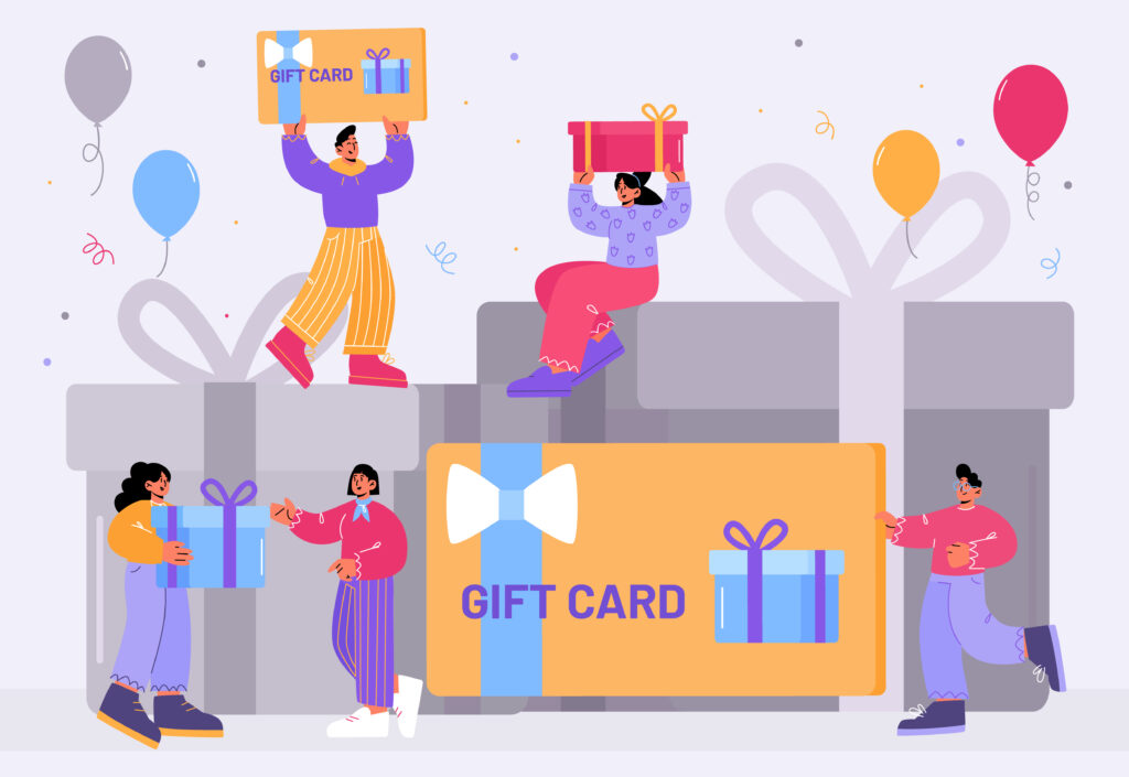 Gift Card Management Gift card, customers reward and loyalty program concept. Tiny buyers at huge wrapped gift box receive present from store. Consumerism, special offer for clients, sale Line art flat vector illustration